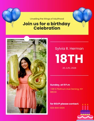 Free  Template: Invitación de celebración de cumpleaños número 18 en rojo degradado y morado