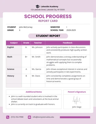 Free  Template: School Progress Report Template
