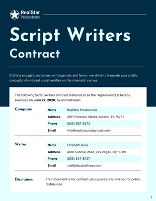 Free  Template: Plantilla de contrato para escritores de guiones