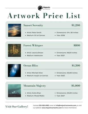 business interactive Template: Artwork Price List Template