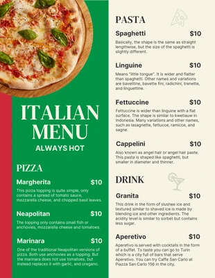 Free  Template: قائمة طعام إيطالية بسيطة باللونين الأخضر والبيج