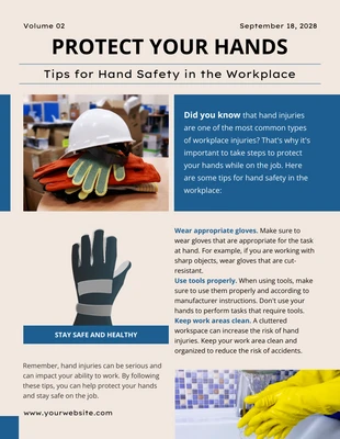 Free  Template: Boletim informativo simples em azul e bege Proteção das mãos no local de trabalho
