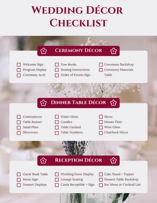 Free  Template: Monarch Hochzeitsdekoration Checkliste