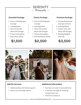 Free  Template: Listino prezzi semplice per la fotografia di matrimonio bianco
