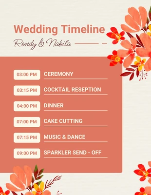 Free  Template: Hellgelbe und orangefarbene, moderne, florale Zeitplan-Vorlage für die Hochzeit
