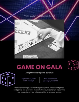 Free  Template: Black Purple and Pink Game Night Invitation Letter
