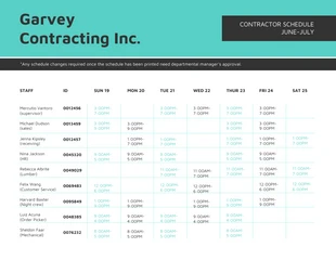 Free  Template: Teal Contracting Arbeitsplan