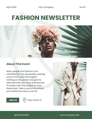 Free  Template: Boletim informativo de eventos de moda com estética moderna em branco e verde