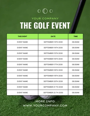 Free  Template: Modèle de calendrier d'événement de golf simple et vert