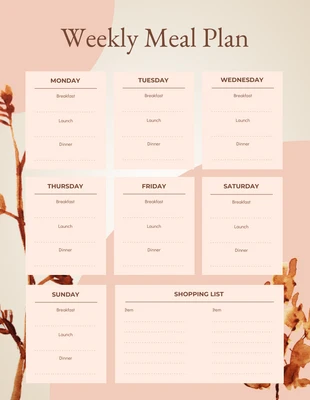 Free  Template: قالب جدول خطة وجبة أسبوعية من الخوخ