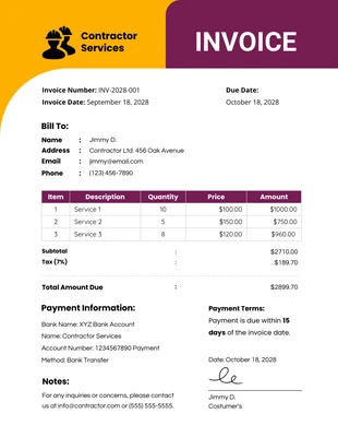 premium  Template: Yellow and Purple Simple Modern Contractor Invoice