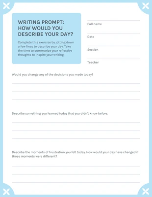 Free  Template: Blue Writing Prompt Worksheet