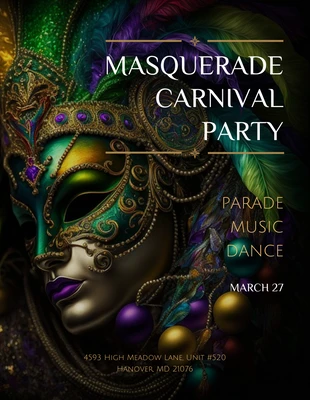 Free  Template: Elegante maskerade karneval party Plakat Vorlage