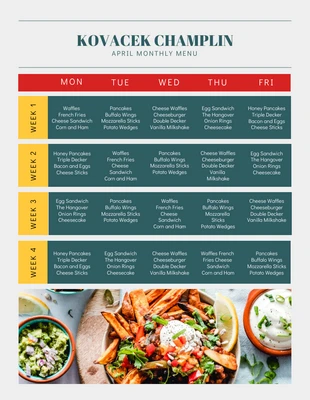 premium  Template: قائمة طعام شهرية حديثة ملونة باللون الرمادي الفاتح لشهر أبريل