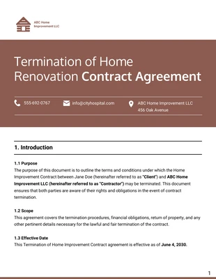 Free  Template: Modèle de contrat de résiliation de rénovation domiciliaire