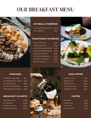 Free  Template: Menú de desayuno de collage de fotos moderno beige y marrón oscuro