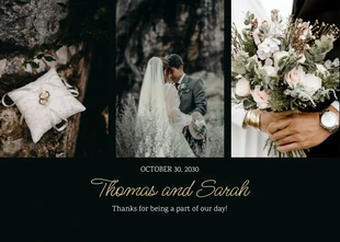 Free  Template: Cartão de agradecimento estético minimalista preto e dourado para casamento