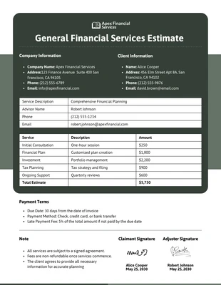 Free  Template: نموذج تقدير الخدمات المالية العامة