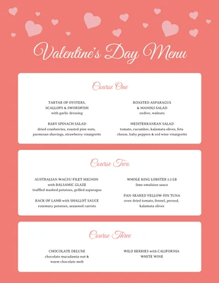 Lovely Valentine's Day Pre Fixe Restaurant Menu