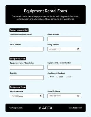 Free interactive Template: Vorlage für ein Formular zur Gerätevermietung