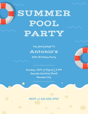 Free  Template: دعوة بسيطة لحفلة السباحة في الصيف على الشاطئ الأزرق