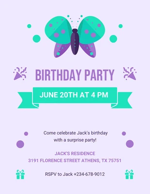 Free  Template: Invitación fiesta de cumpleaños de mariposa de ilustración linda púrpura claro