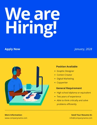 Free  Template: Blue Yellow Simple Contrast Recruitment Poster