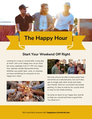 Free  Template: Amarillo claro Minimalista Happy Hour Fun Event Newsletter