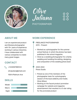 Free  Template: Green And White Clean Minimalist Elegant Photographer Resume