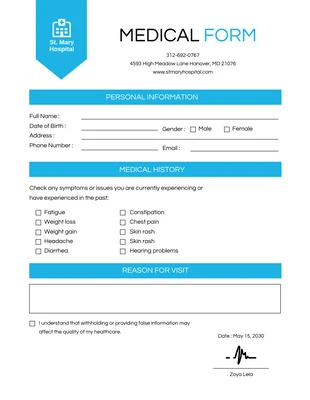 Free  Template: Modern Blue and White Medical Form