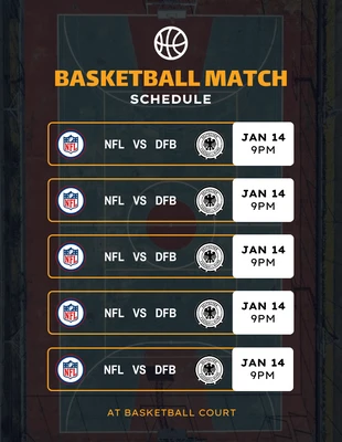 Free  Template: Modello di calendario delle partite di basketbaall con texture nera e moderna