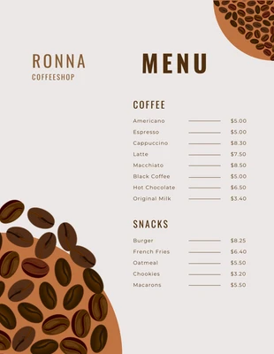 Free  Template: Light Grey And Brown Modern Illustration Coffee Shop Menu