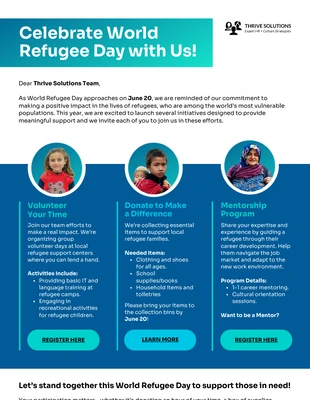 business  Template: Boletim informativo por e-mail sobre iniciativas da empresa para apoiar refugiados