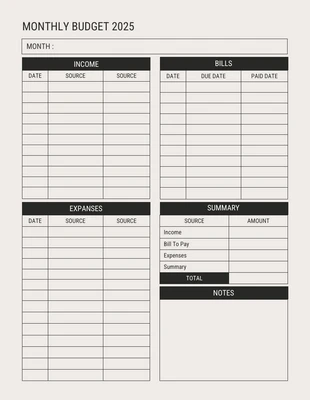 Free  Template: Black and White Monthly Budget Grid Template