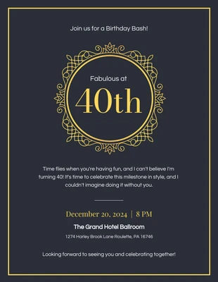 Free  Template: Black And Yellow Gold 40Th Birthday Invitation