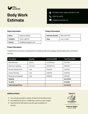 Free  Template: Body Work Estimate Template