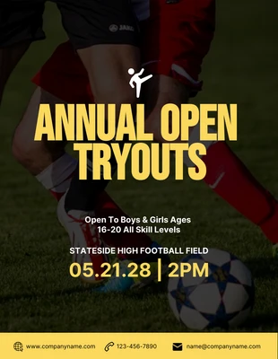 Free  Template: Schwarzes und gelbes jährliches Open Soccer Tryouts-Poster
