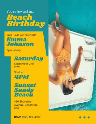 Free  Template: Simple Yellow & Ocean Green Beach Birthday Invitation