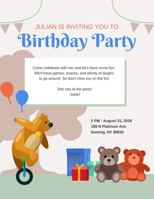 Free  Template: Convite em tons pastéis para festa de aniversário com emoji de urso
