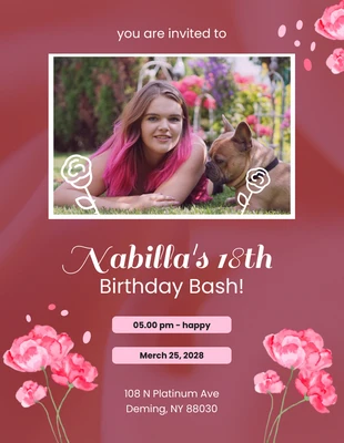 Free  Template: Red Rose 18th Birthday Invitation