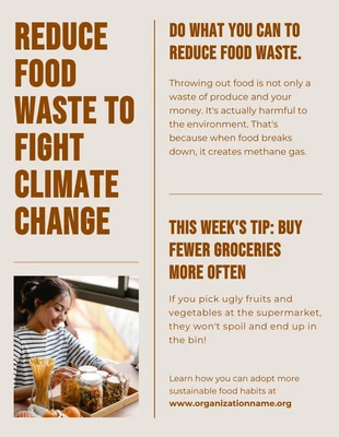 Free  Template: ملصق نفايات الطعام للعناية بالعادات المستدامة النظيفة باللون الكريمي والبني