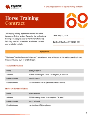 Free  Template: Plantilla de contrato de entrenamiento de caballos.