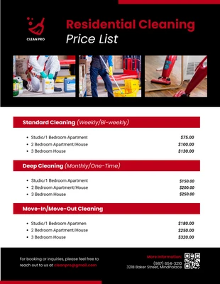 business  Template: Listas de precios de limpieza modernas y minimalistas en negro y rojo