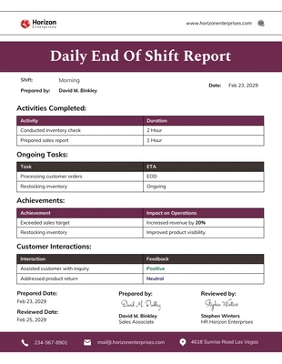 Free  Template: Daily End Of Shift Report Template