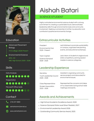 Free  Template: Black White and Green Simple Student Scholarship Resume