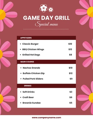 Free  Template: pink flower game day grill football menu