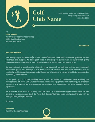 Free  Template: Green And Yellow Classic Business Golf Club Letterhead