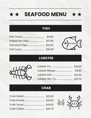 Free  Template: قائمة المأكولات البحرية ذات اللون الرمادي الفاتح