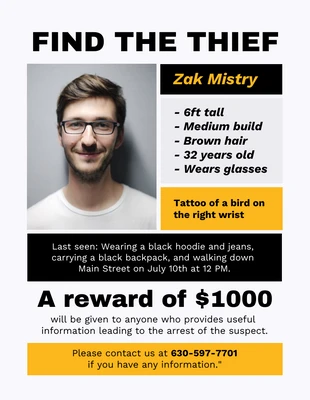 Free  Template: Affiche de recherche du voleur noir et jaune