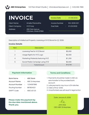 premium  Template: Intellectual Property Royalty Invoice